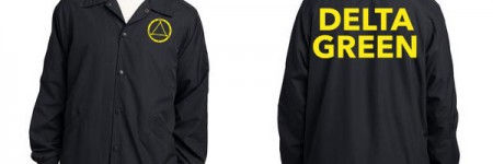 the figure of a man wearing a black FBI-style raid jacket. The jacket has the Delta Green circle logo in yellow on the front left breast and the words 
