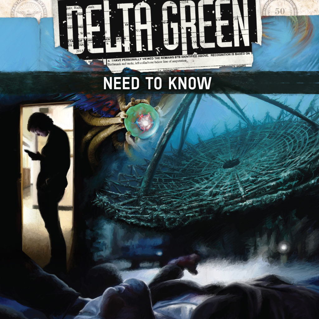 The cover of the audio edition of Delta Green: Need to Know. An agent in profile looks down at a phone bearing what can only be bad news. Strange shapes glow with rainbow beauty and frightful intent in the watery deeps.