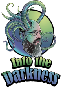 Into the Darkness logo, a green and blue circle on a white background. Inside the circle is a man's head with tentacles growing out of his head.