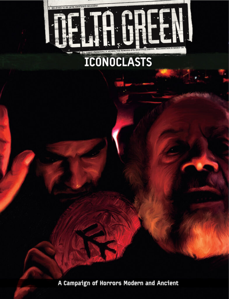 The cover of Delta Green: Iconoclasts. An ISIL fighter accusingly brandishes a confiscated Elder Sign at an elderly captive.