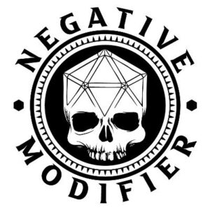 a black and white logo for Negative Modifier featuring a skull in the centre with an overlay suggesting a 20 sided die