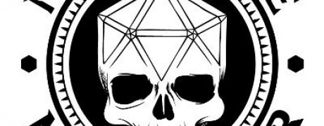 a black and white logo for Negative Modifier featuring a skull in the centre with an overlay suggesting a 20 sided die