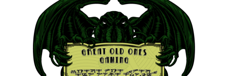 Great Old Ones Gaming logo featuring Cthulhu holding a sign of the title