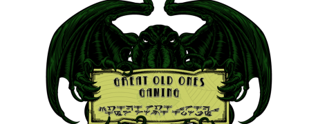 Great Old Ones Gaming logo featuring Cthulhu holding a sign of the title