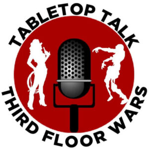 Tabletop Talk - Third Floor Wars logo featuring a red circle on a white background, old timey microphone in the centre with two white silhouetted figures on either side. The figure on the left is a female cowgirl and the figure on the right is a zombie