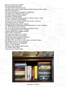 A list of book titles and authors above a small photo of a single bookshelf