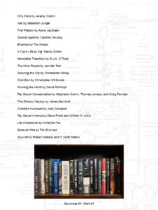 A list of book titles and authors above a small photo of a single bookshelf