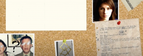 A bulletin board full of cryptic images of people, symbols, and paperwork