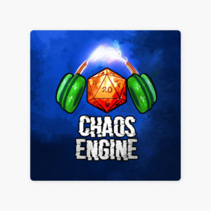 Logo of The Chaos Engine Podcast, which features a pair of over-the-ear headphones with a d20.