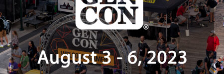 GenCon August 3-6, 2023, Indianapolis, IN and Online. Text over image of dealer's room and people shopping.