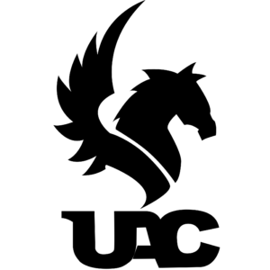 United Adventure Company logo. Black stylized illustration of a pegasus on a white background with their initials, UAC, underneath.