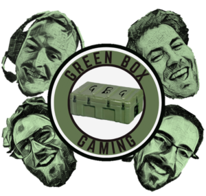 Green Box Gaming logo featuring the heads of the four hosts around a green box in the center with their name.