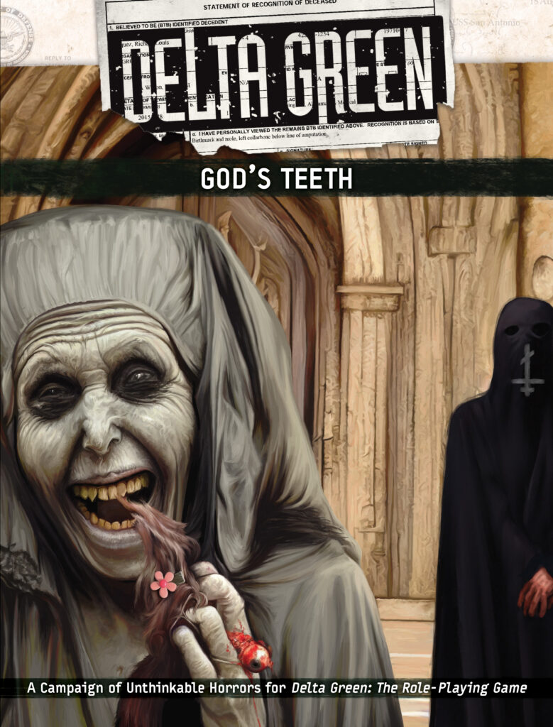 The cover of "God's Teeth." A pale and cruel babushka feeds.