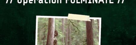 The cover of Operation FULMINATE. A giant Stranger looms unseen in the redwoods.