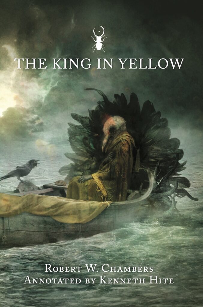 Strangeness sits in a boat. A raven. A figure in yellow robes. A lake where cloud-waves break.