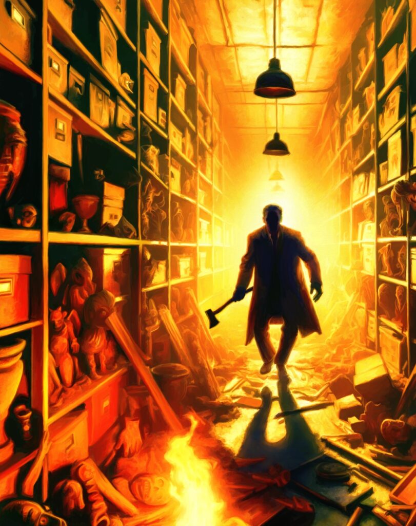 The cover art of Delta Green: Operational History Among shelves of strange artifacts, a man in a lab coat advances out of the fire with an ax.