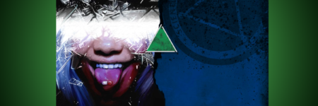 Cover of Delta Green: Reverberations, featuring a face with outstretched tongue with a pill on the end. Image also indicates it is available on DriveThruRPG.com for Foundry and Roll20 VTT.